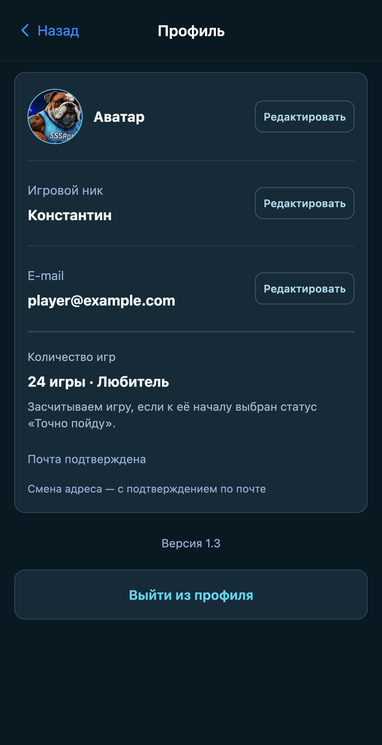 SSSPORT PWA приложение — Профиль игрока, iPhone 16 Plus